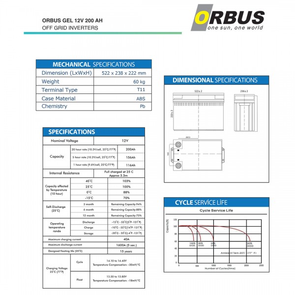 ORBUS 12V 200AH - Derin Deşarjlı Jel Akü